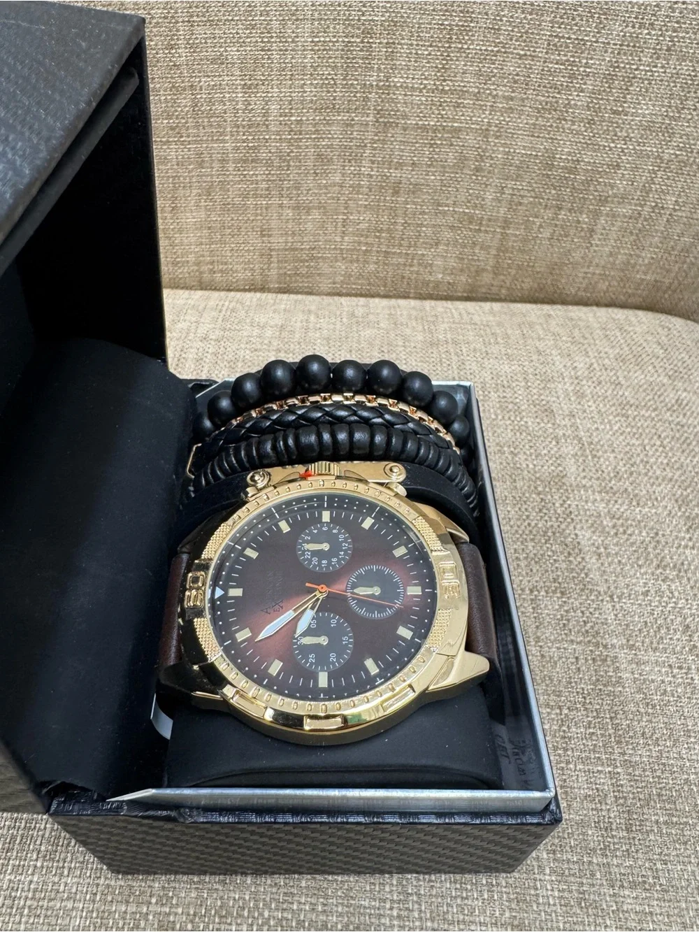 American Exchange Men’s Quartz Analog-Digital Watch Blue Leather Strap Gold Box